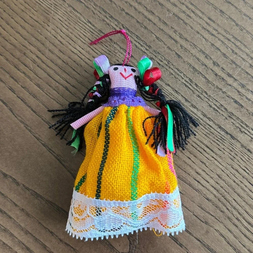 Vintage Mexican Rag Doll Ornament Handcrafted Folk Art Yellow Dress Lace 4 Inch
